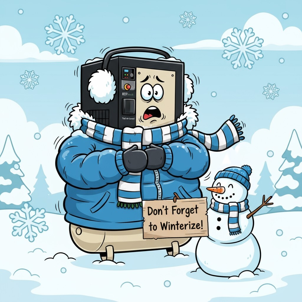 Shivering Air Compressor Cartoon - Don’t Forget to Winterize A bundled-up air compressor stands beside a snowman, holding a sign that reads “Don’t Forget to Winterize!” - a fun reminder to prep your compressed air system before cold weather hits.